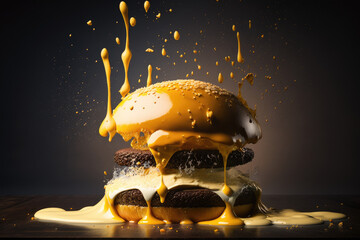 dripping with a gloop of Cheese on splash on air Burger a Dark and Moody Background AI Generative
