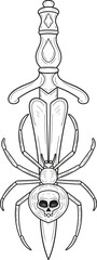 Hand drawn linear illustration. Isolated vector illustration with sharp dagger and spider in vintage, retro style. Element for tattoo sketch or print
