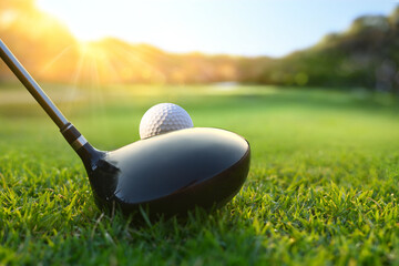 Back view of  golf ball on tee with golf drivers at golf course. - obrazy, fototapety, plakaty