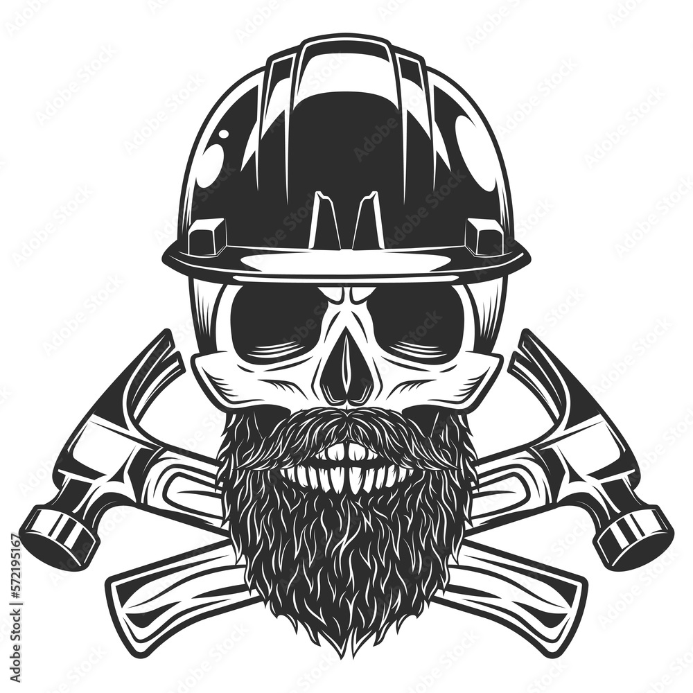 Wall mural Skull with mustache and beard and helmet hard hat builder crossed hammers from new construction and remodeling house business in monochrome vintage style illustration