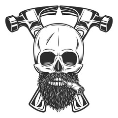 Skull smokig cigar or cigarette with mustache and beard and builder crossed hammers from new construction and remodeling house business in monochrome vintage style illustration