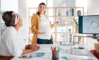 Fototapeta premium Teamwork, pregnant woman or presentation meeting for company growth, strategy review or collaboration in office. Consulting, leader or startup women group for SEO, schedule or planning calendar KPI