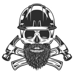 Skull with mustache and beard and helmet hard hat builder crossed hammers from new construction and remodeling house business in monochrome vintage style illustration