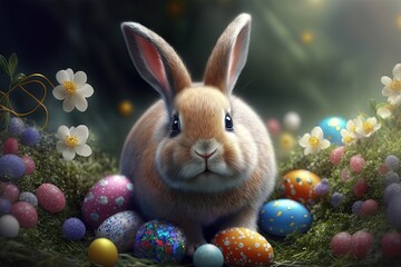 Cute bunny with colorful easter eggs. Happy Easter Day. Generative AI