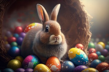 Fototapeta na wymiar Cute bunny with colorful easter eggs. Happy Easter Day. Generative AI