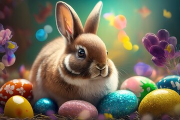 Cute bunny with colorful easter eggs. Happy Easter Day. Generative AI