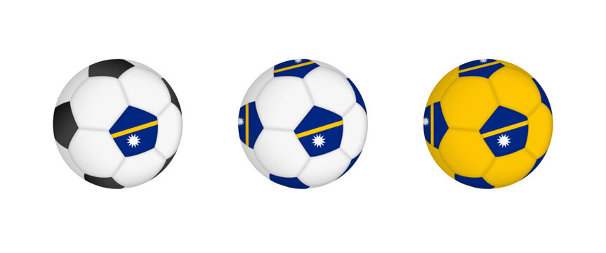 Collection football ball with the Nauru flag. Soccer equipment mockup with flag in three distinct configurations.
