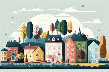Cute and colorful Scandinavian style town with a row of houses and city buildings. Generative AI