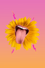 Vertical collage artwork photo of sunflower petals blossom crazy lick tongue out uneducated psychedelic psychedelic isolated on gradient background - obrazy, fototapety, plakaty