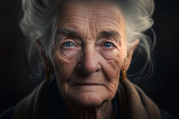 Close up photo of an old white woman with wrinkles looking straight into the camera, illustration Generative Ai
