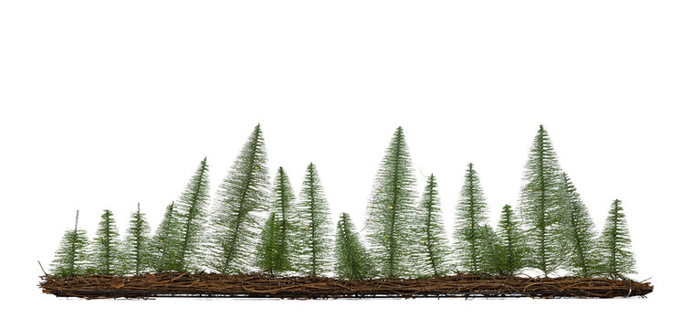 Row of green pine or christmas trees on wood. Decorated with little lights. Base from brown twines. isolated cutout on a transparent background.