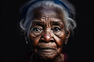 Close up photo of an old black woman with wrinkles looking straight into the camera, illustration Generative Ai