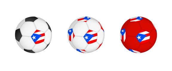 Collection football ball with the Puerto Rico flag. Soccer equipment mockup with flag in three distinct configurations.