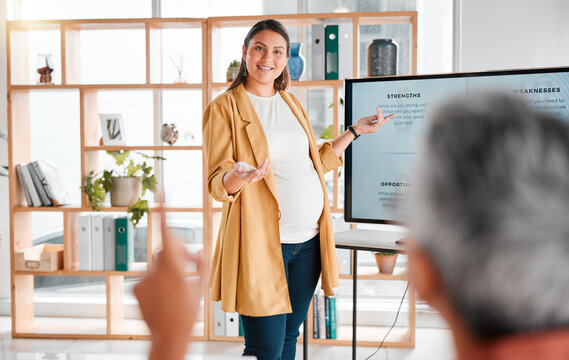 Presentation, consulting or pregnant woman in meeting for company growth, strategy review or teamwork in office building. Thinking, leader or startup women for SEO, schedule or planning calendar