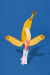 Collage artwork photo of fit sportive legs rollerskates banana peel organic natural dieting food...