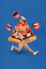 Vertical photo collage of headless caricature man student running order delivery junk food homemade...