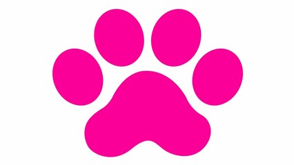 Animated cat magenta footprint. A cat's paw print appears. Looped video. Vector flat illustration isolated on the white background