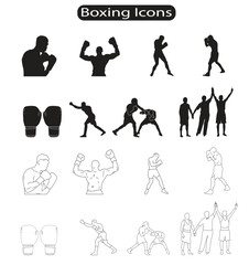 Boxing Silhouettes and Line Icons Vector Illustration 