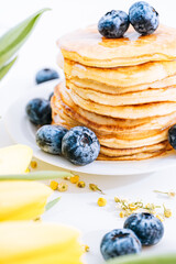 chamomile tea, pancakes, tulips on a white background