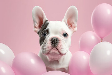 Cute american bulldog puppy in festive balloons on pastel pink background .Photorealistic shot generated by AI
