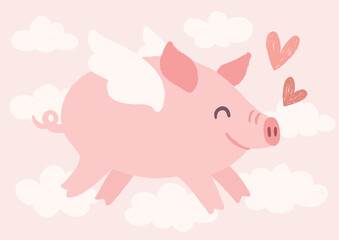 Cute Hand Drawn Illustration Of Pink Little Piggy With Wings. Flying Through The Cloudy Sky. Vector Design Perfect For Valentine’s Day Greeting Card Or Poster.