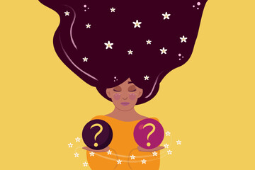 Woman is thinking about problem, making decision, choose between yes or no. person confused by hard choice