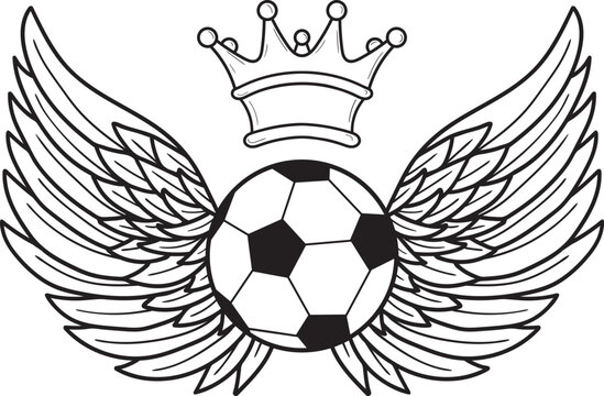 Soccer ball with wings and a crown. Football sport emblem. Vector illustration, line art.
