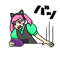 机をたたく猫耳カチューシャの女性（効果音あり）