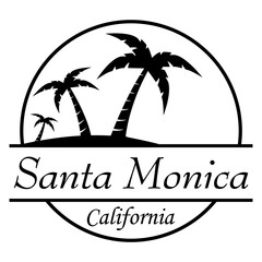 Destino de vacaciones. Logo aislado con texto manuscrito Santa Monica California con silueta de playa con palmeras en círculo lineal