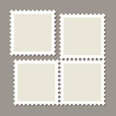 Paper postmarks. Triangular perforated labels set. Empty postal stamp. Post frames. Postagestamps for mail letter. Blank borders isolated on gray background. Vector illustration.