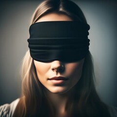 Young woman with a black blindfold over her eyes.
