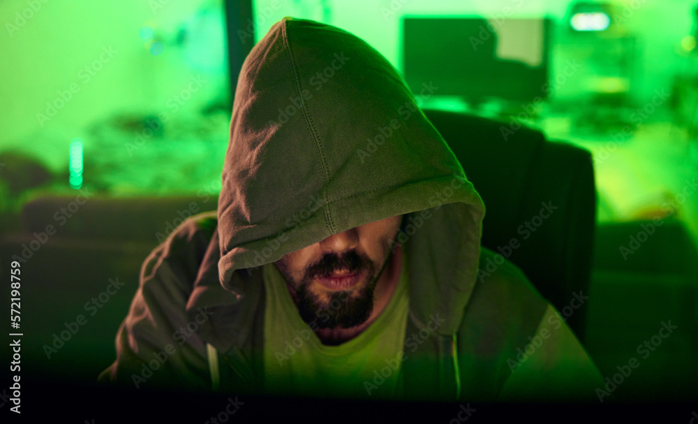 Fototapete computer hacker, hoodie or neon man hacking database software, online server or password phishing. g
