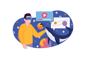 Metaverse blue concept with people scene in the flat cartoon design. Man communicates with various virtual entities in the metaverse. Vector illustration.
