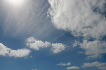 Fototapeta premium Blue cloudy sky with white clouds. Nature background.