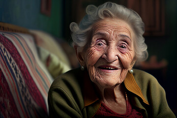 Close up photo of an old white woman with wrinkles sitting on a couch looking straight into the camera, illustration Generative Ai