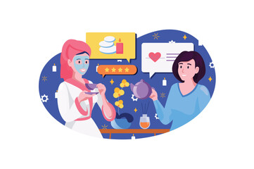 Spa salon blue concept with people scene in the flat cartoon style. Girls decided to take a break after the days work and relax in the spa salon. Vector illustration.