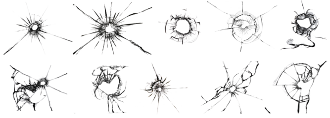 Textures of broken glass. The effect of cracks on the window. Elements for use in design, a large set of photos in one picture.