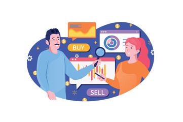 Blue concept stock market with people scene in the flat cartoon design. Economists analyze the stock market and all financial data. Vector illustration.