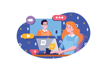 Video conference blue concept with people scene in the flat cartoon design. Manager decided to communicate with her employee via video link. Vector illustration.
