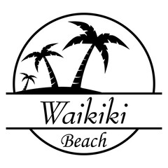 Destino de vacaciones. Logo aislado con texto manuscrito Waikiki Beach con silueta de playa con palmeras en círculo lineal