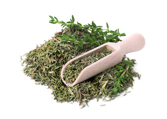 Scoop and pile of thyme isolated on white