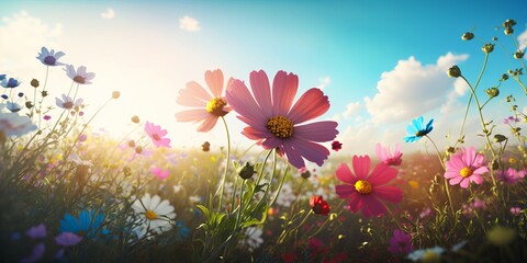 Blooming colorful flowers field with blue sky background. Generative Ai
