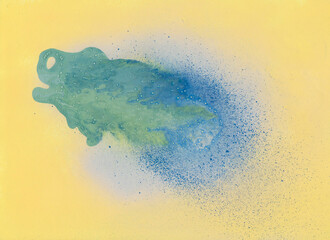 Abstract hand drawing with a spray can yellow green and blue background