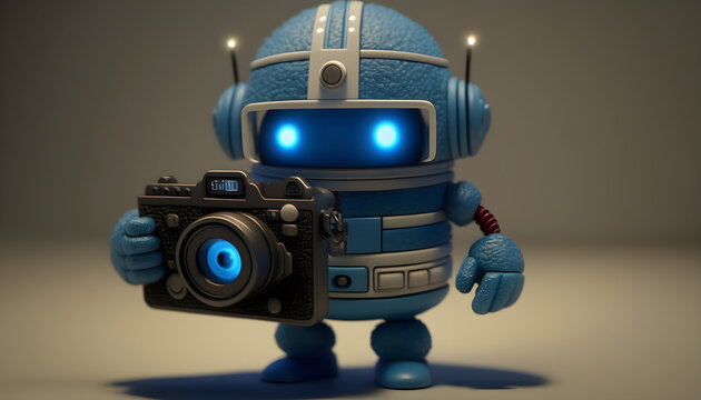 A cute little blue robot holding a camera 