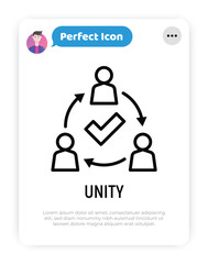 Unity thin line icon. Successful communication employees. Teamwork, collaboration. Circle of people with check mark. Modern vector illustration.