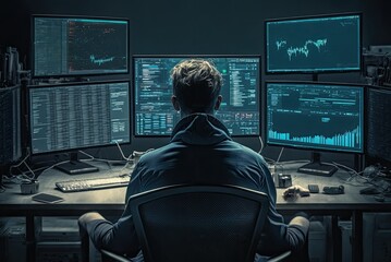 The back view of a trader who trades on the stock market, sits behind monitors with charts, prepares for a fall in stock prices. Ai generative. - obrazy, fototapety, plakaty