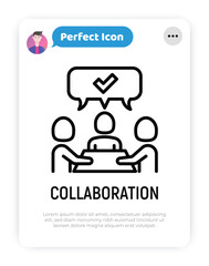 Collaboration, teamwork thin line icon: people at brainstorm. Successful communication. Modern vector illustration.