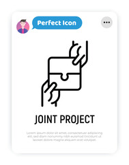 Joint project thin line icon. Teamwork, business cooperation, collaboration. Two hands hold pieces of puzzle. Successful partnership. Modern vector illustration.