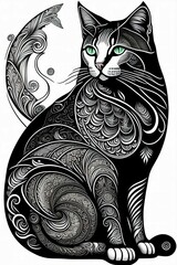 Line art drawing of a cat in art deco style with ornamental application. Generative AI