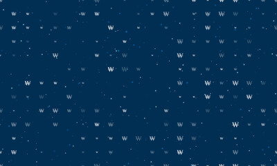 Naklejka na ściany i meble Seamless background pattern of evenly spaced white Korean won signs of different sizes and opacity. Vector illustration on dark blue background with stars